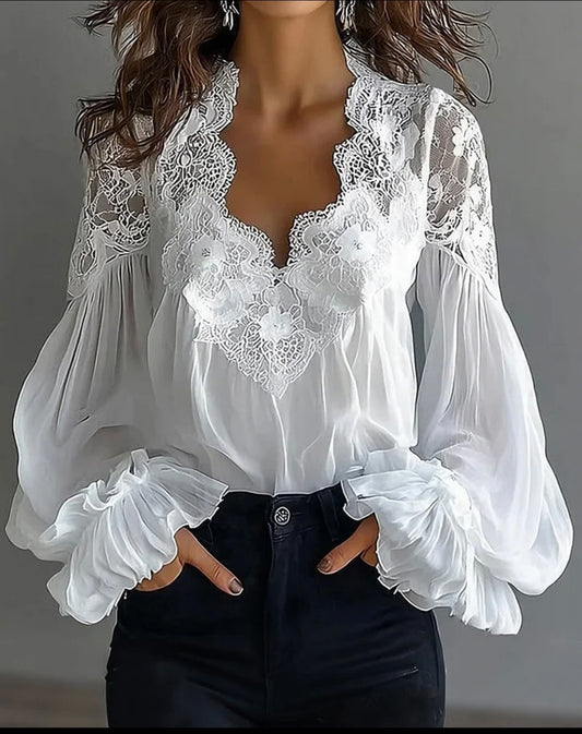 Camicia Elegante in Chiffon con Pizzo e Maniche Ampie